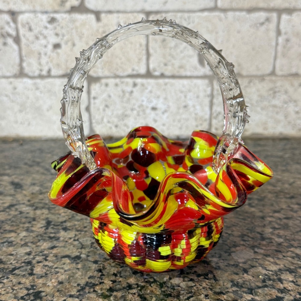 Hand Blown Art Glass Basket Ruffled Rim Red Yellow Spatter Clear Handle Vintage